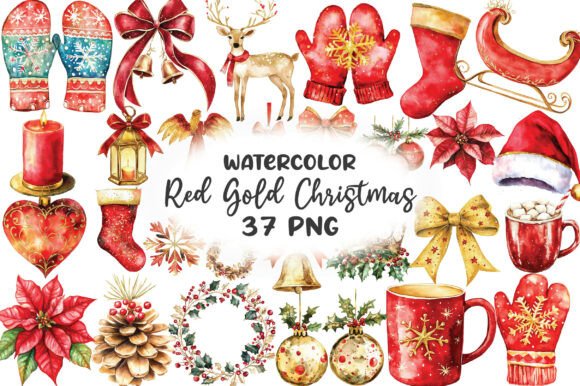 Download Red Gold Christmas Watercolor Clipart - Premium Resources