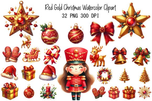 Download Red Gold Christmas Watercolor Clipart - Premium Resources